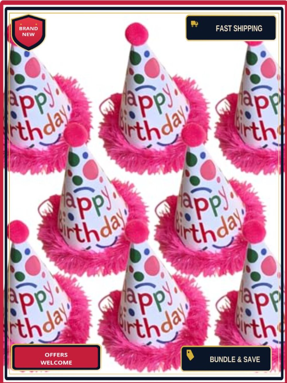 Birthday Cone Hats Pom Poms Tassels Elastic Chin Strap Party Supplies